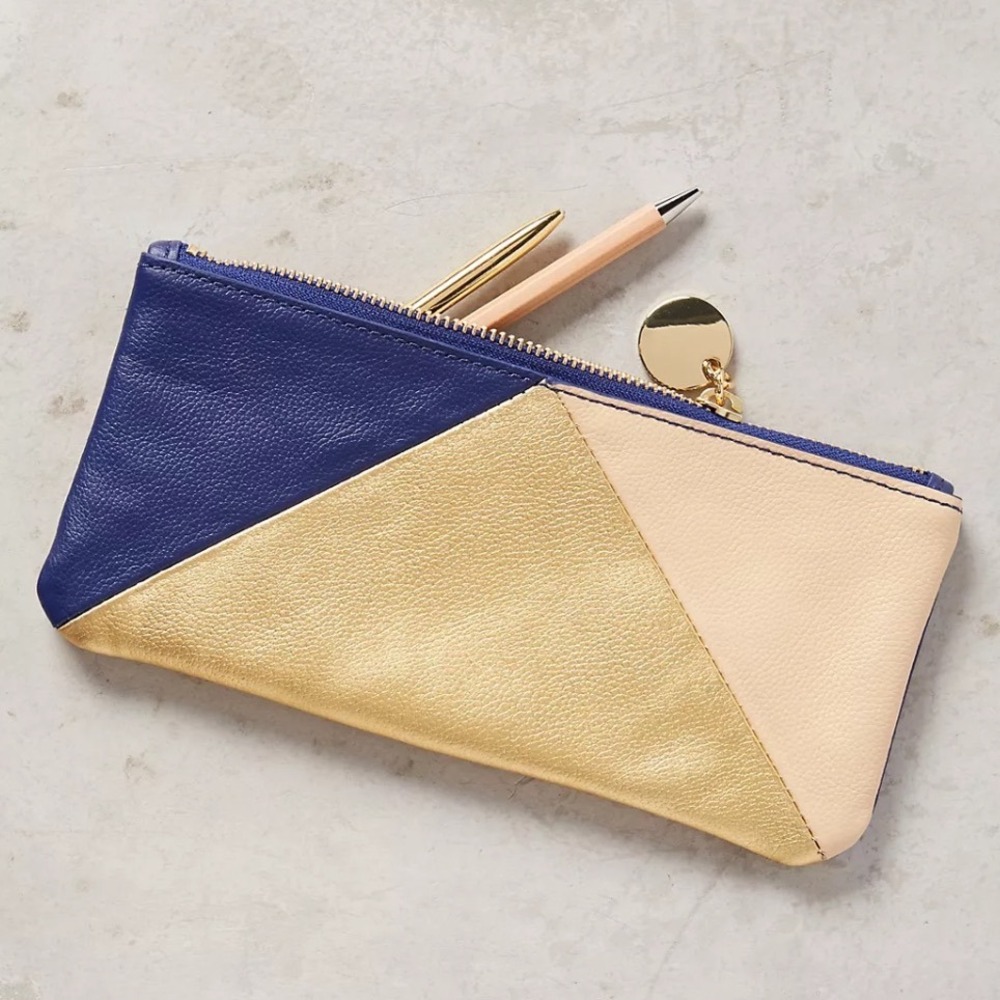 Anthropologie Leather Colorblock Pencil Case Makeup Pouch Navy Gold Peach NWT
